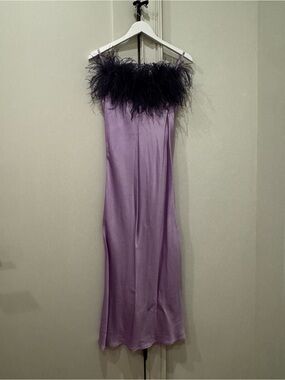 Sleeper Lavender Satin Slip Dress Black Feather Trim S